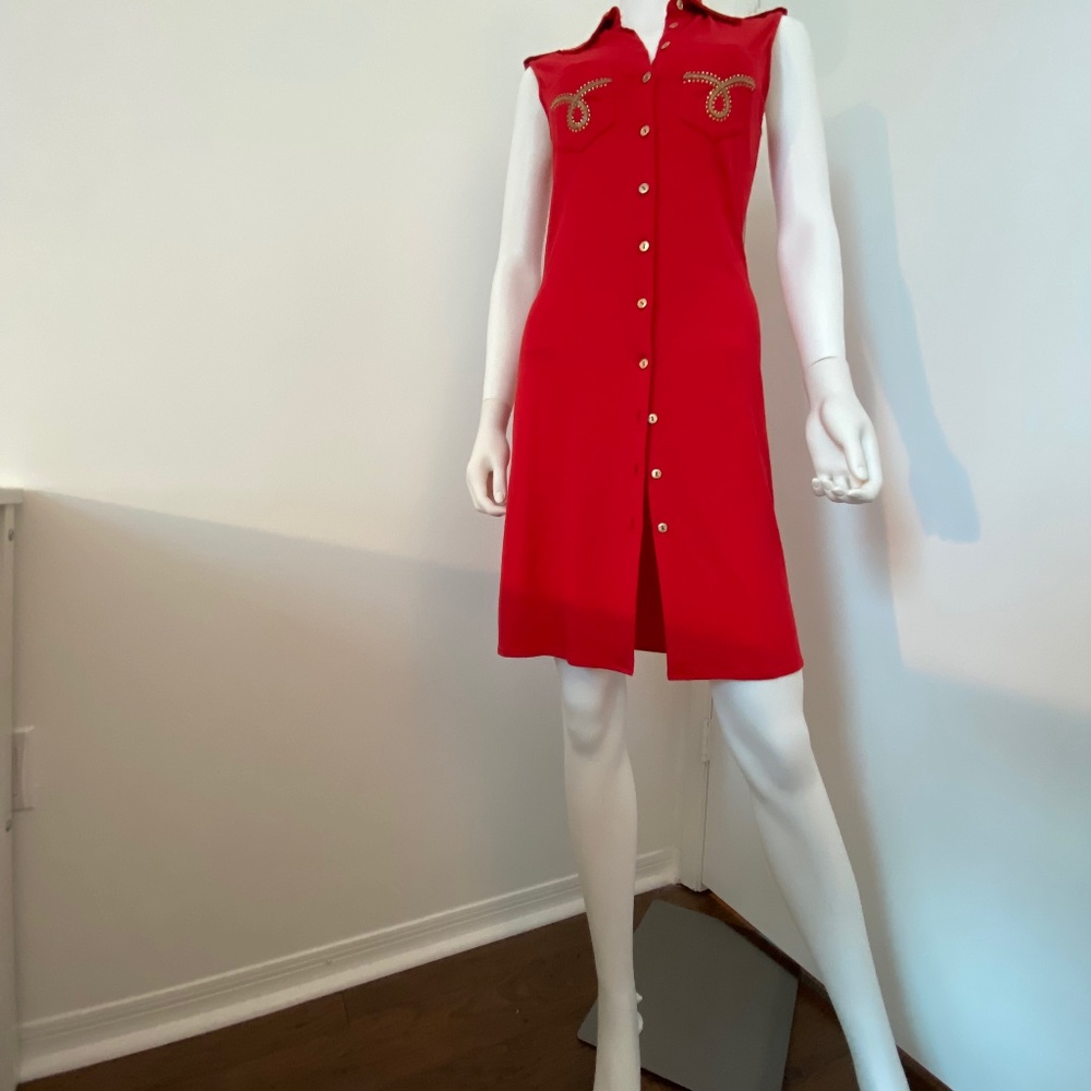 Red dress with golden buttons and Swarovski crystals embellishments